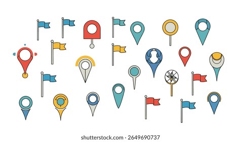 Colección de un surtido de marcadores de mapas y banderas direccionales en un estilo de diseño plano que representa las ubicaciones y la navegación
