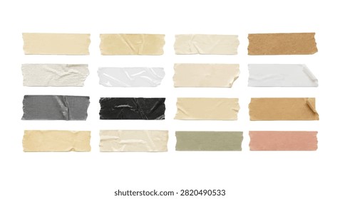 Collection of assorted masking tape pieces featuring various shapes, sizes, colors and torn edge styles. Perfect for scrapbooking, journaling, collage, branding, packaging, stationery, mood boards, mockups and creative design projects.