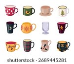 Collection of assorted mugs and cups in various shapes and patterns with holiday and winter motifs, perfect for seasonal packaging, ads, web graphics, and greeting cards