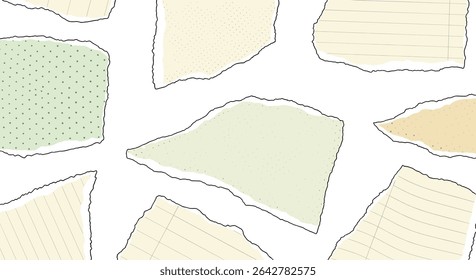 A collection of assorted paper pieces that are torn and placed randomly around