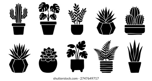 Collection of assorted potted plants and cacti illustrations in a grid layout from a straightforward viewpoint, Collection of Various Potted Plants and Cacti in Black Silhouettes, Collection of various green potted plants illustrations in a grid pattern on a clean background