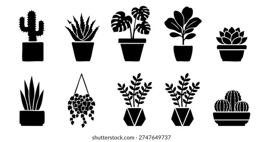 Collection of assorted potted plants and cacti illustrations in a grid layout from a straightforward viewpoint, Collection of Various Potted Plants and Cacti in Black Silhouettes, Collection of various green potted plants illustrations in a grid pattern on a clean background