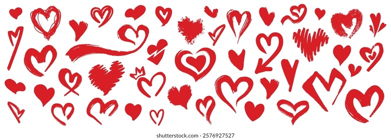 A collection of assorted red hearts in different sizes and styles illustrating various expressions of love and affection. The hearts vary in shape and design creating a vibrant display.