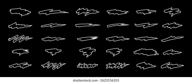 Collection of assorted scribble lines and strokes, set of various abstract shapes, element of free-hand drawing, doodles. on a transparent background