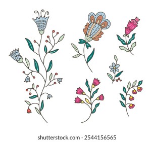 Coleção de ilustrações variadas de flores silvestres em formato vetorial, com acentos azul-petróleo e rosa. Isolado em um fundo branco, perfeito para decoração e design.