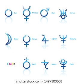 Collection of Astrological Planets Symbols on a White Backdrop. Signs Collection: Sun Earth Moon Saturn Uranus Neptune Jupiter Venus Mars Pluto Mercury