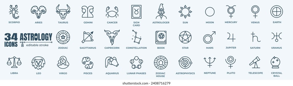 Collection of astrology  line icons collection. Editable line zodiac pictogram