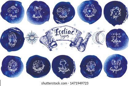 Collection of astrology signs on blue watercolor background with modern lettering. Zodiac constellation with  shiny star shapes. Hand drawn artistical images/