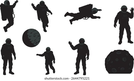 Collection of astronaut silhouettes against a white background, perfect for space-themed designs, posters, or presentations. Ideal for educational or artistic purposes.