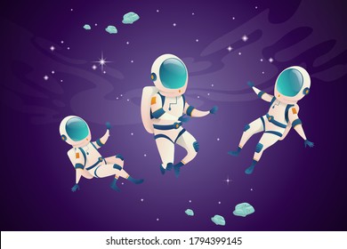 Collection of astronauts character in open space. Astronautc in pace suit floating in open space with your friends. Vector illustration