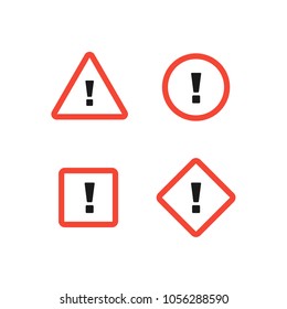 Collection of attention signs isolated on white background. Shapes (triangle, square, circle, rhombus) with exclamation point. Design with attention icon for banner, posteror signboard. Danger warning