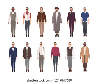 Collection of attractive men wearing elegant clothes. Bundle of male cartoon characters dressed in stylish suits isolated on white background. Front view. Colorful vector illustration in flat style.