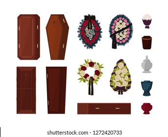 Collection Of Attributes For Funeral, Burial Ceremony, Mortuary Rituals Isolated On White Background - Coffin, Urn, Wreath, Bouquet Of Flowers. Colorful Vector Illustration In Flat Cartoon Style.