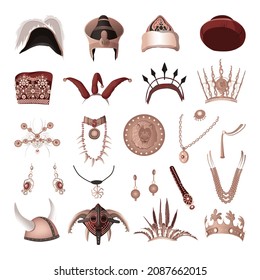 Collection of attributes of rulers. Headwear and jewelry. Realistic illustrations.