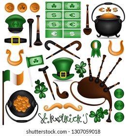 The collection of attributes of St. Patrick. Things gnome, leprechaun. Bagpipes, smok pipe, trefoil, coins, bills, pot, flag, medal, horseshoe, walking stick, green hat, mustache. Vector illustration.