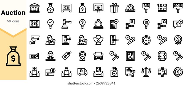 A collection of auction-themed icons depicting various elements like bidding, items for sale, and payment methods in a monochrome design.