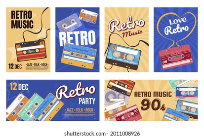 Collection audio cassette banner vector flat illustration. Set of horizontal and vertical retro party template design isolated. Announcement of clubbing sound event with vintage broadcasting equipment