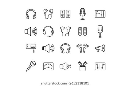 Collection of audio equipment icons in outline style, including headphones, microphones, speakers, sound level meter, and sound control panels.