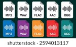 Collection of audio file format icons (MP3, WAV, FlAC, AAC, OGG). Great for apps, music platforms, and digital designs.