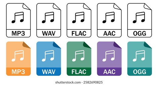 Collection of audio file format icons (MP3, WAV, FlAC, AAC, OGG) in outline and color styles. Great for apps, music platforms, and digital designs.