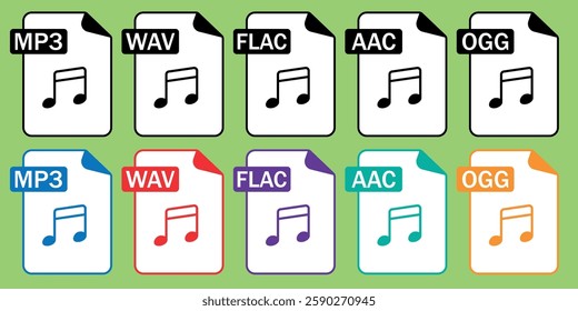 Collection of audio file format icons (MP3, WAV, FlAC, AAC, OGG) in outline and color styles. Great for apps, music platforms, and digital designs.