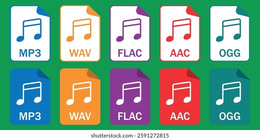 Collection of audio file format icons (MP3, WAV, FlAC, AAC, OGG) in outline and color styles. Great for apps, music platforms, and digital designs.