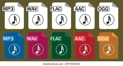 Collection of audio file format icons (MP3, WAV, FlAC, AAC, OGG) in outline and color styles. Great for apps, music platforms, and digital designs.