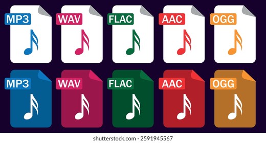 Collection of audio file format icons (MP3, WAV, FlAC, AAC, OGG) in outline and color styles. Great for apps, music platforms, and digital designs.