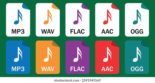 Collection of audio file format icons (MP3, WAV, FlAC, AAC, OGG) in outline and color styles. Great for apps, music platforms, and digital designs.