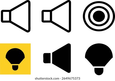 Collection of audio icons speaker volume control and sound symbols.