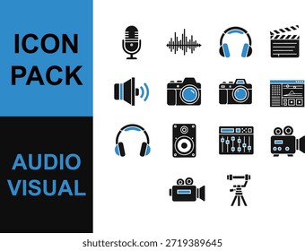 Collection of audio visual icons including microphone, headphones, camera, and sound equipment on a white and blue background.