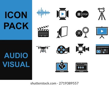 Collection of audio visual icons for multimedia production and playback, including video recording and editing symbols.
