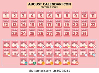 Collection of August Calendar Icons with Editable Features for Creative Projects in Pink Tone