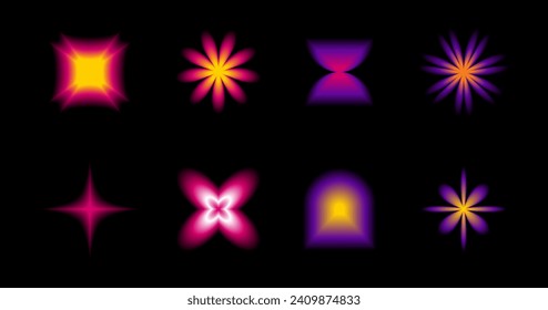 Collection of aura geometric shapes in brutalism style. Modern abstract figures with y2k gradient and blurry effect illustration. Vector 