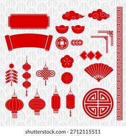 Eine Kollektion viel versprechender roter und goldener Elemente für das chinesische Neujahr, darunter Laternen, Goldbarren, Münzen, Banner und Wolken. Perfekt für festliches Design und Feiern