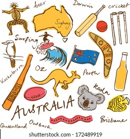 Collection of Australia doodle vector illustrations