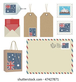 collection of australia postage items, bag and key fob