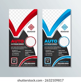 colección de servicios de electricista de automóviles Vertical de folleto o Plantilla de póster Ilustración vectorial de Anuncio enrollado con combinación de degradado rojo y azul sobre fondo blanco negro.