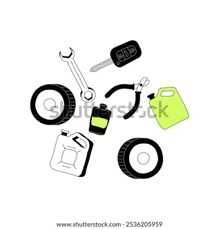 Collection of Auto Repair Tools in Flat Vector Illustration Symbolizing Car Maintenance, Vehicle Repair, and Garage Services, Isolated on White Background