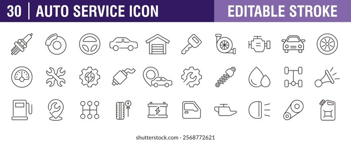 Collection of auto service icons. Workshop, car, vehicle, mechanic. Vector design template, signs, symbols, editable stroke.