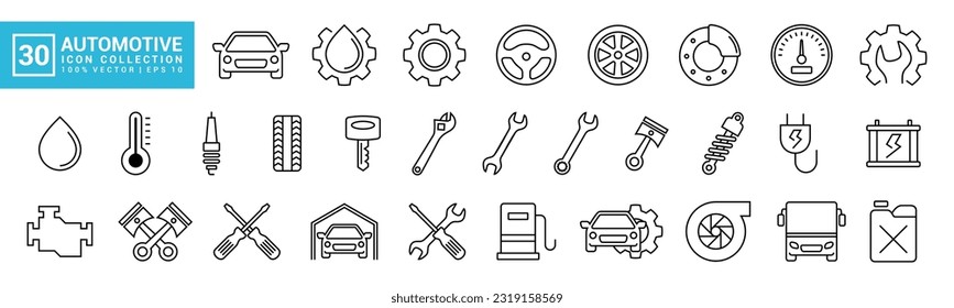 Colección de iconos de automoción, auto, máquina, garaje, herramientas de servicio, vector editable y redimensionable EPS 10.