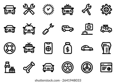 Collection of automotive icons featuring cars wheels tools and other relevant symbols in a simple outlined style