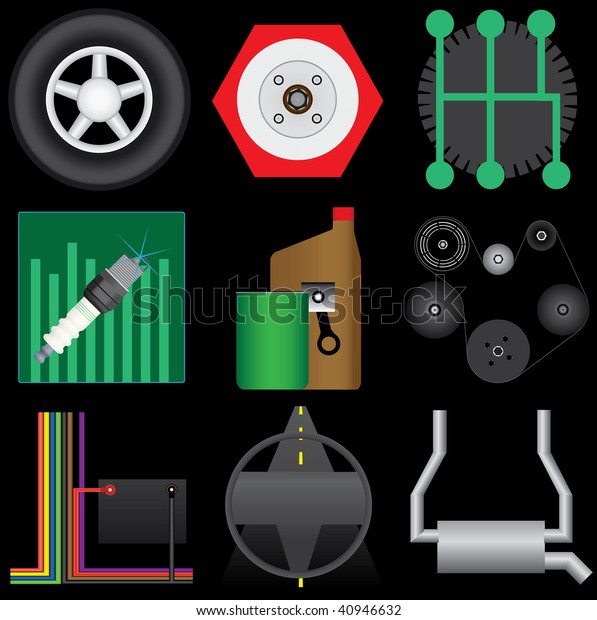 Collection of automotive icons\
selected for service categories. Includes tire,\
brakes,transmission,tuneup,oil change,belts,electrical,steering and\
alignment, and\
exhaust.