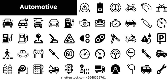 A collection of automotive icons in a sleek black and white design, showcasing various elements of vehicle maintenance, traffic signs, and transportation symbols.