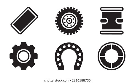 Collection of automotive and industrial components, including car tire, horseshoe, and various machine parts.