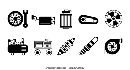 Collection of automotive maintenance and performance icons featuring turbocharger, exhaust muffler, radiator, timing belt, brake rotor, air compressor, heater core, shock absorber, spark plug, and turbo system.
