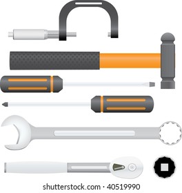 Collection of automotive service tools. Includes micrometer, combination wrench, ball pein hammer, screwdrivers, ratchet, and socket. svg