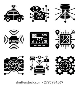 Collection of autonomous vehicle icons featuring self-driving car technology, sensor systems, navigation, and artificial intelligence, vector illustration.