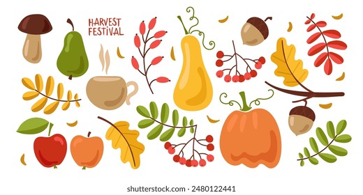 Collection of autumn attributes, autumn elements. Vector set of fall icons or stickers, autumn card.