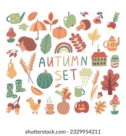 Collection of autumn attributes. Fall clip art, design elements collection with leaf, pumpkins, mushrooms, dishes and others. Hand drawn vector illustration. EPS10